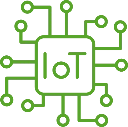 Green microchip pictogram with IoT text on it.